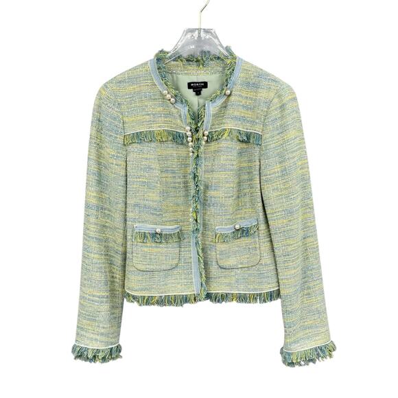 Worth New York NWT Green Yellow Boucle Tweed Fringe Trim Designer Blazer Jacket - Picture 10 of 16